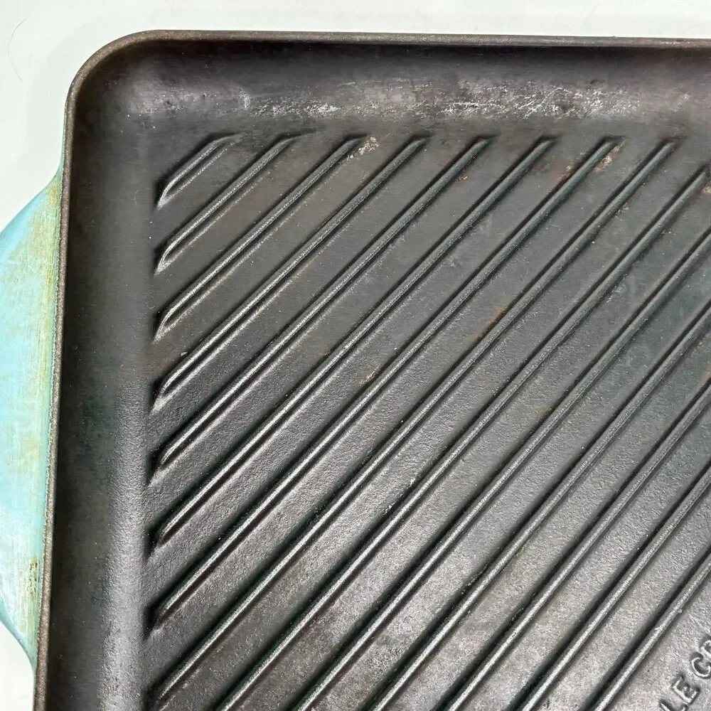 Le Creuset Blue Enameled Square Handle Cast Iron Grill Griddle Pan #24 Pre-owned